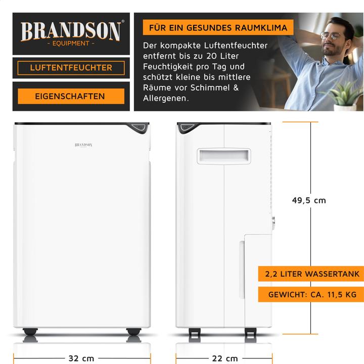 Produktbild Brandson Luftentfeuchter 20L/24h, 40m², Automatik, Timer, Ablaufschlauch, Wäschetrocknen, 2,2 l Tank, Rollen (40 m², 20 l/24h)
