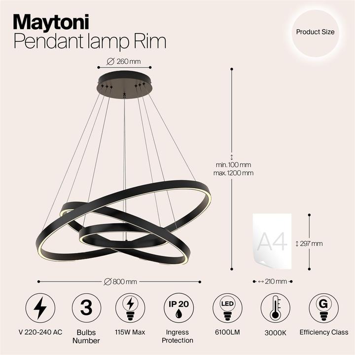 Produktbild Maytoni Rim LED Pendelleuchte, Hängeleuchte 115W Schwarz 85Ra Warmweiss (6100 lm)