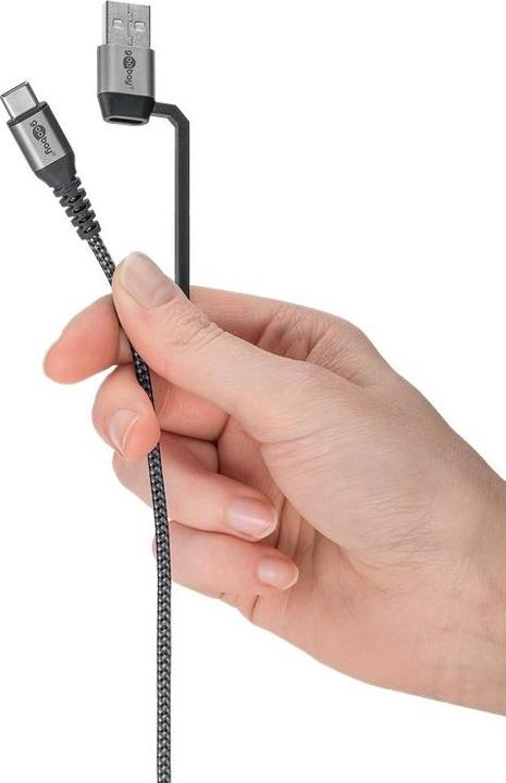 Produktbild Goobay 2in1 USB-Textilkabel, spacegrau/silber, 2 m (2 m, USB 2.0, 60 W)
