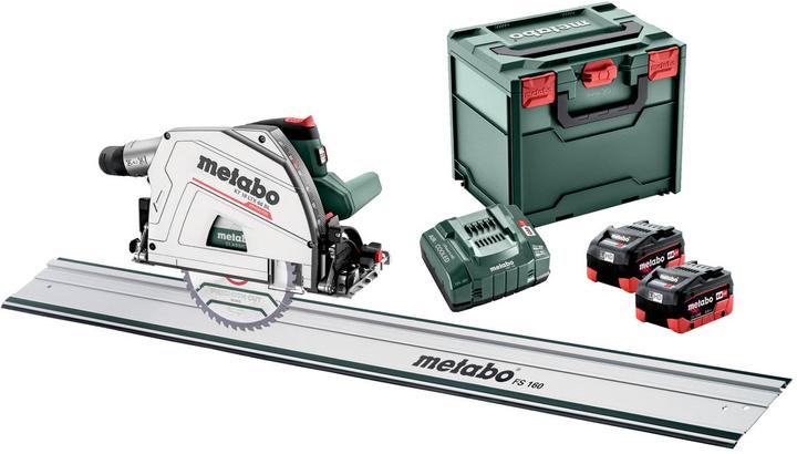 Lama da taglio "precision cut wood - classic" 165x20 Z42 WZ 5, sacchetto per la polvere, chiave esagonale, 2 pacchi batteria LiHD (18 V/8.0 Ah), caricabatterie rapido ASC 145 "AIR COOLED", guida FS 160 (160 cm), metaBOX 340