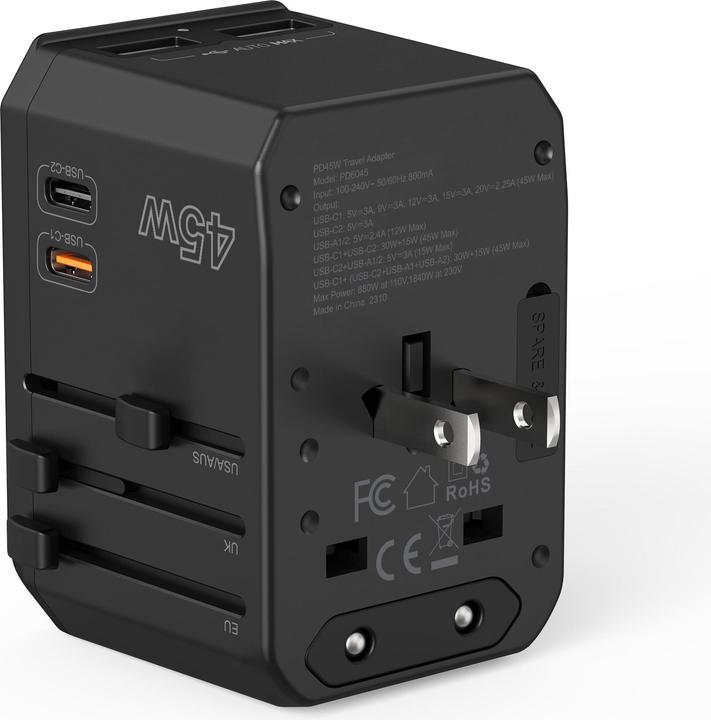 Actual product image Choetech PD6045 USB-C USB-A 45W GaN Travel Charger with US EU UK AU Plugs - Black (45 W)