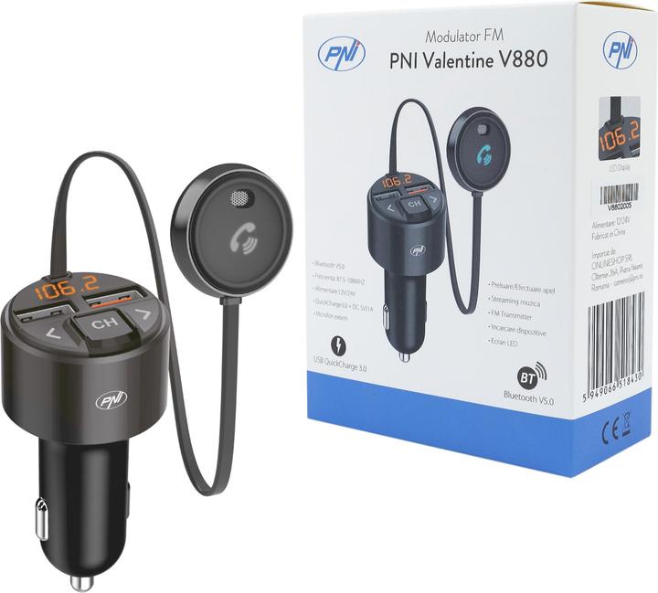 Image du produit PNI Valentine V880 Modulateur FM avec microphone, Bluetooth 5.0, lecteur MP3, transmetteur FM
