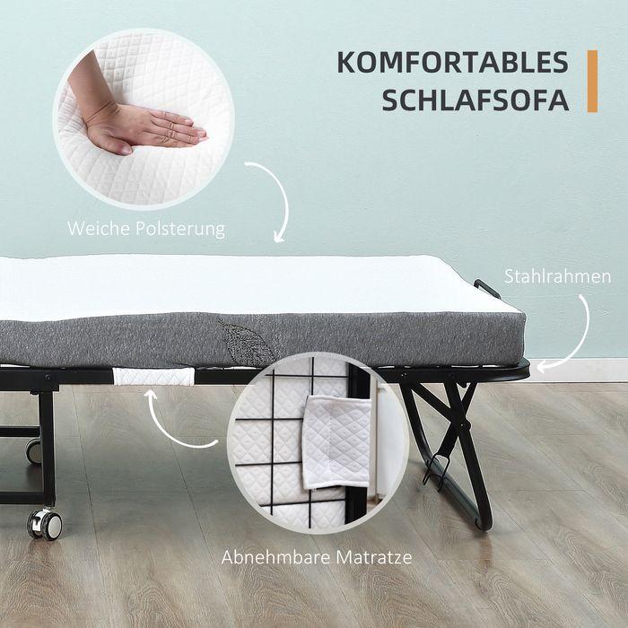 Immagine prodotto Swisshandel24 Letto per ospiti Letto pieghevole con rotelle Acciaio+schiuma Bianco+nero 200 x 75 x 42,5 cm (75 x 200 cm)