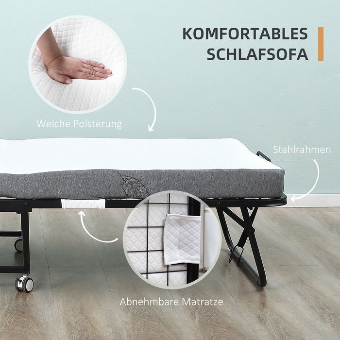 Produktbild Swisshandel24 Gästebett Klappbett mit Rollen Stahl+Schaumstoff Weiss+Schwarz 200 x 75 x 42,5 cm (75 x 200 cm)