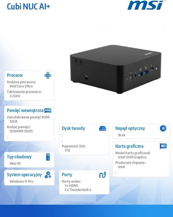 Productafbeelding MSI Cubi NUC AI+ 2MG-001EU (1000 GB, 32 GB, Intel Core Ultra 7 258V)