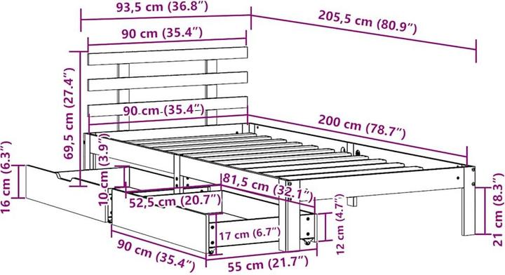Produktbild vidaXL Bett mit Schubladen Kiefer (75 x 190 cm)