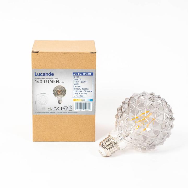 Actual product image Lucande LED-Globelampe G95, E27 3,8W, 1800K, Struktur, rauch (E27)
