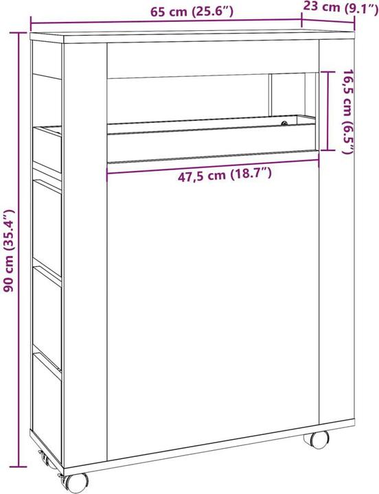 Produktbild vidaXL Badschrank Schmal mit Rollen Eichen-Optik (65 x 23 x 90 cm)
