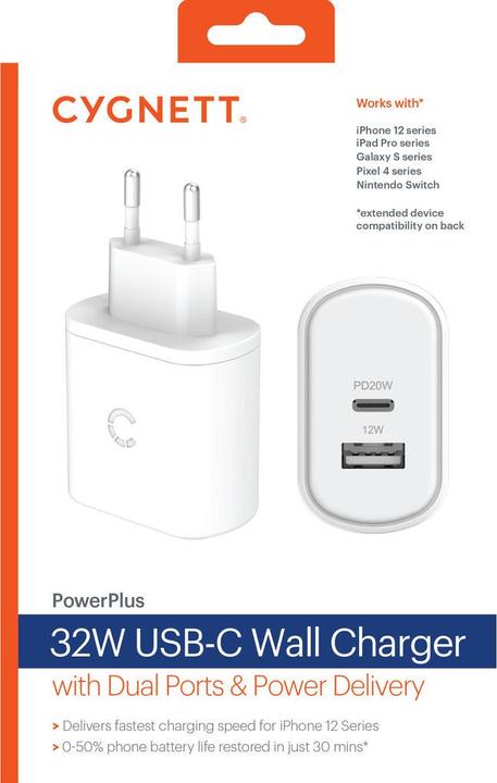 Image du produit Cygnett PowerPlus 32W USB-C PD Dual Port Wall Charger - EU White (32 W)