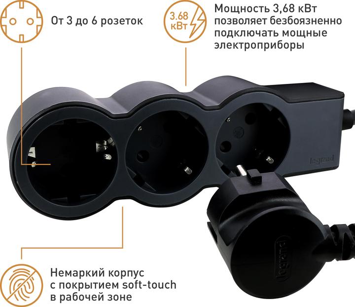Actual product image Legrand Flat socket strip 3x socket, 5 metre cable Black 694568 (3 x, CEE, CEE 7/3, 5 m)
