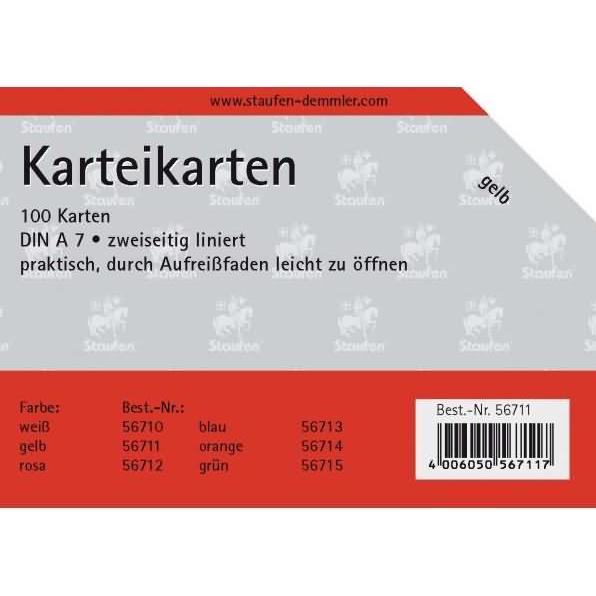 Staufen, Karteikarten, Karteikarten A7 liniert 180g/qm gelb VE=100 Stück (A7, 180 g/m²)