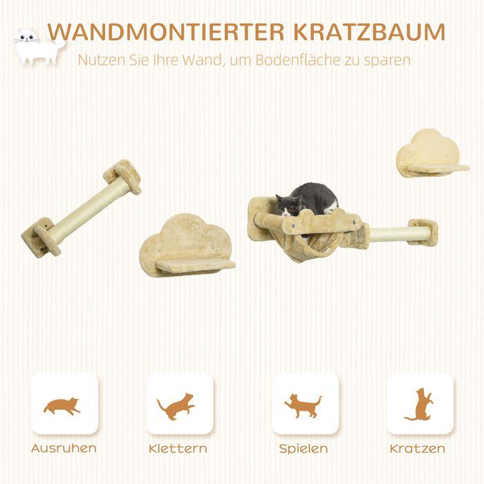 Immagine prodotto Swisshandel24 Parete di arrampicata per gatti 5 pezzi con scale, 2 tiragraffi, piattaforme, amaca, peluche (Beige)