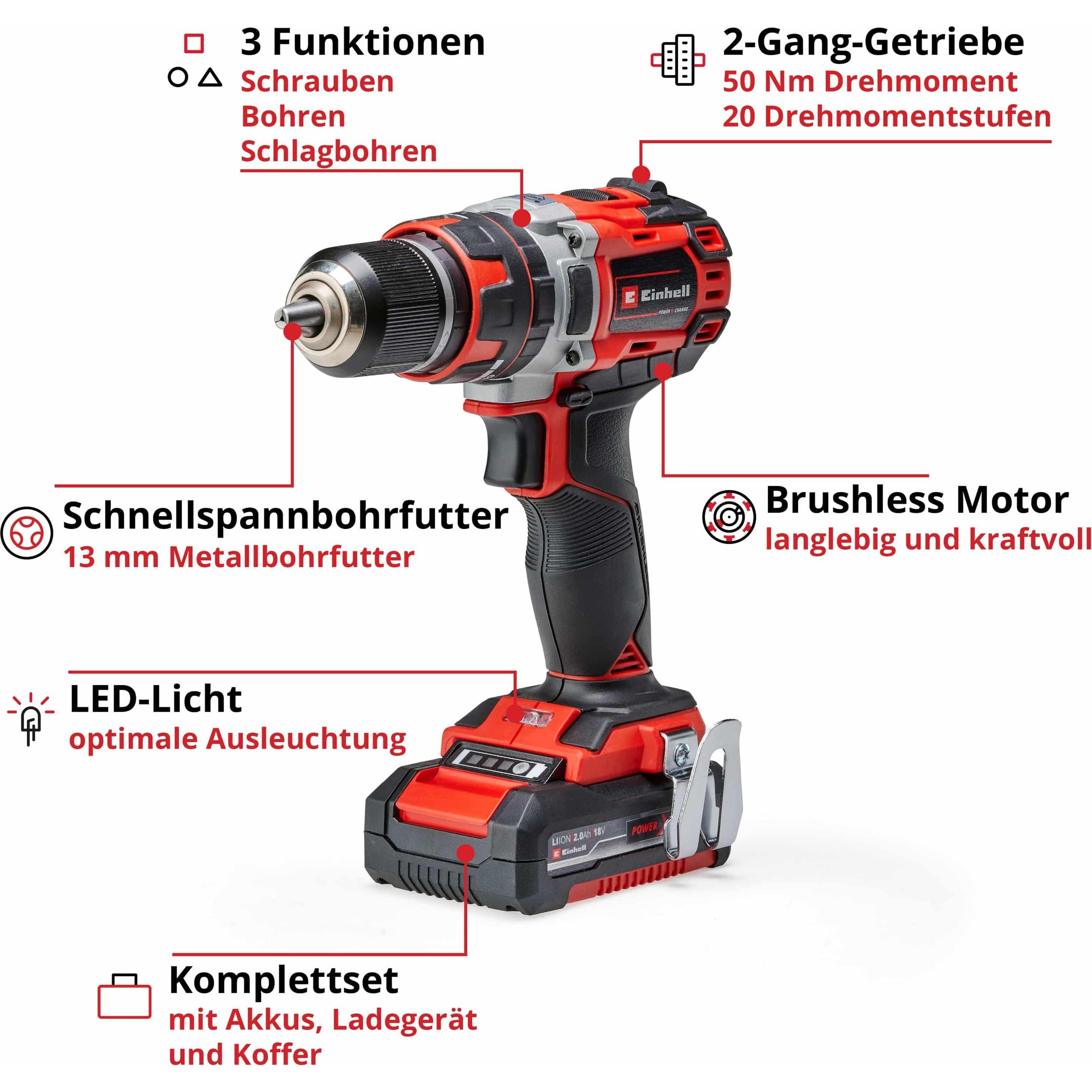 Einhell, Bohrmaschine + Akkuschrauber, TE-CD 18/50 Li-i BL (Akkubetrieb)