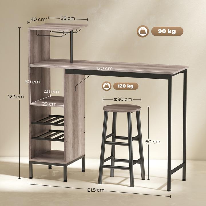 Image du produit Homcom Bartisch Set MDF, Stahl Grau (121,5 x 40 x 122 cm)