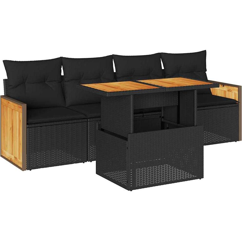 VidaXL, Gartenlounge, 5tlg. Garten-Sofagarnitur mit Kissen Schwarz Poly Rattan Akazie