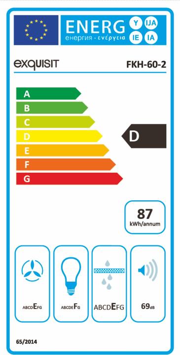 Label énergétique Exquisit FKH-60-2 Fixé au mur Acier inoxydable ³/h D (Hotte murale)