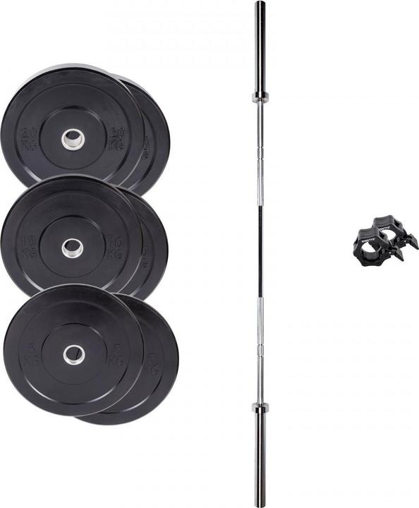 Fitcom Bumper Plate Set + Olympic Bar (2 x 10 kg, 2 x 20 kg, 2 x 5 kg)