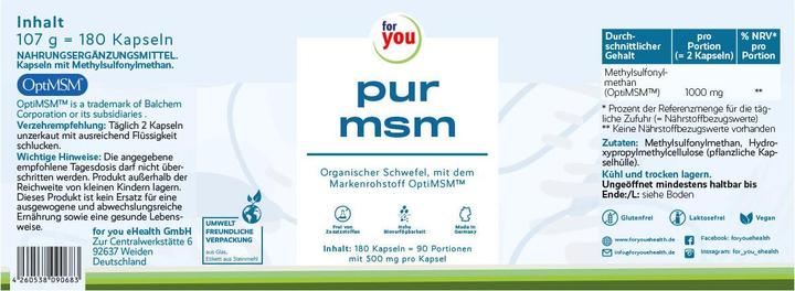 Nutritional values and ingredients For You pure msm (180 Piece, Capsules, 107 g)