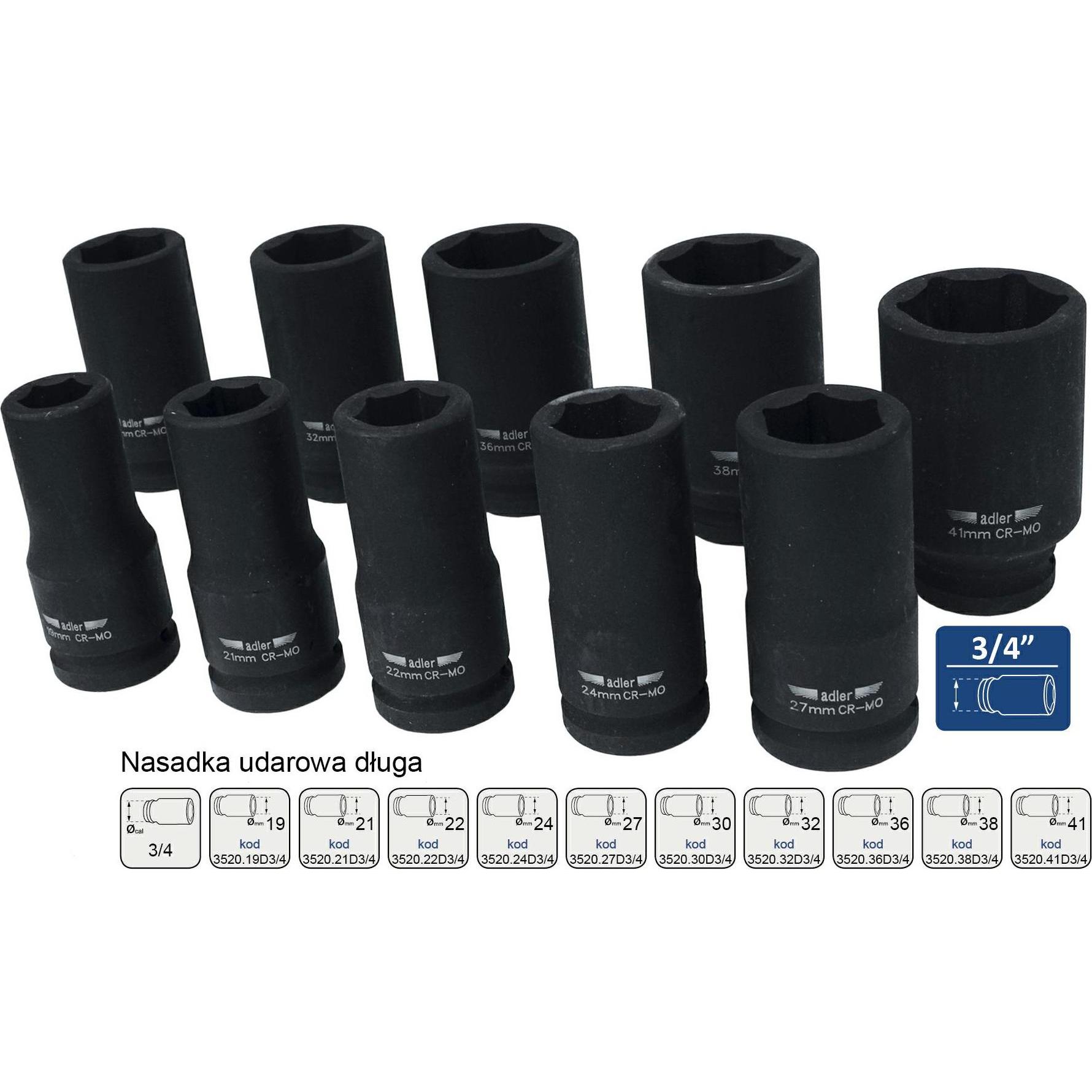 Adler, Chiave a bussola + esagonale, NASADKA UDAROWA 3/4" 24mm DŁUGA