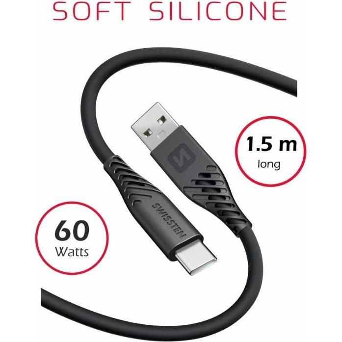 Thumbnail - Swissten Data Cable Soft Silicone Usb / Usb-C 1.5 M 60W Black (1.50 m, USB 3.1), USB Kabel