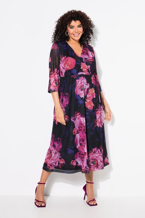 Image du produit Ulla Popken Robe maxi en mesh, motif floral, décolleté en V et manches courtes chauve-souris (46, 48)