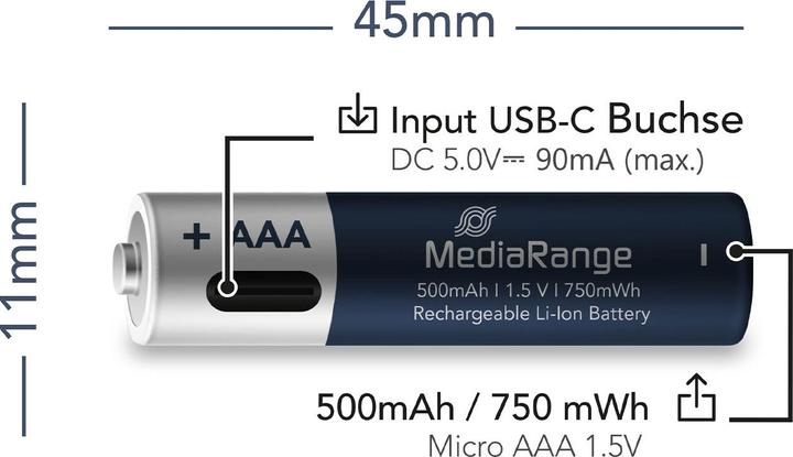 Produktbild MediaRange Rechargeable USB-C (4 Stk., AAA, 500 mAh)