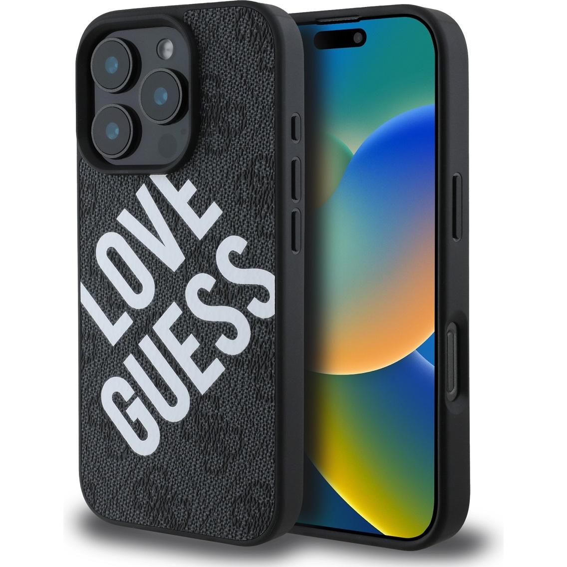 Guess PU Leather 4G Big Love Logo MagSafe Case for iPhone 16 Pro Black (Apple iPhone 16 Pro), Smartphone Hülle, Schwarz