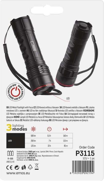Actual product image Emos LED metal torch, 500 lm, 4× AAA, FOKUS (12.80 cm, 500 lm)