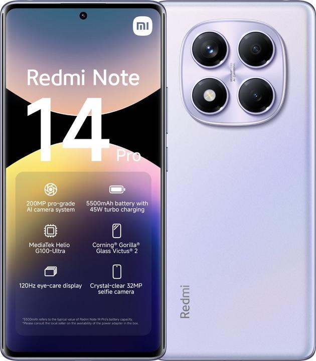 Actual product image Xiaomi Redmi Note 14 Pro (256 GB, Aurora Purple, 6.67", Hybrid Dual SIM, 4G)