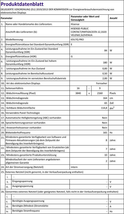 Valeurs nutritives et ingrédients Hisense TV 65U7Q PRO (65", LED, 4K)