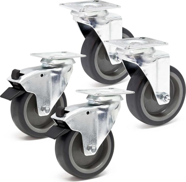 Wiltec Kit Roulettes 75mm 75kg/roue 2x Pivotantes avec frein 2x Pivotantes sans frein Charge lourde Plaque