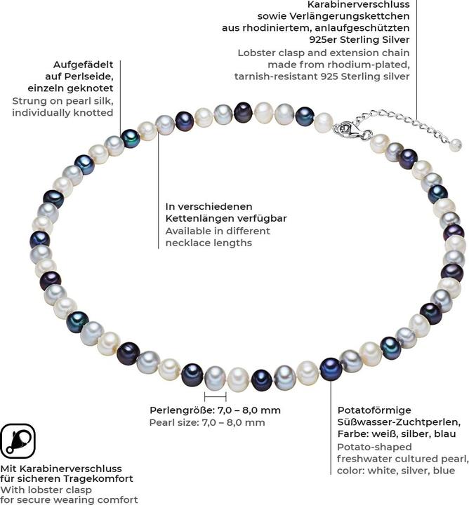 Produktbild Valero Pearls Damen Sterling Silber Süsswasser-Zuchtperle Multicolor - 2244 (925 Sterling Silber, 42 cm)