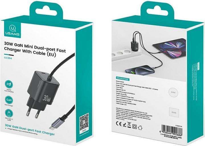 Produktbild Usams Ładowarka sieciowa JC Series CC264 30W GaN Mini Fast Charger 2xUSB-C czarny (30 W, 2 Ports)