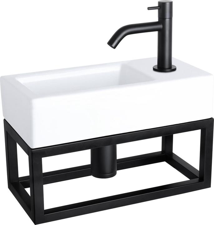 Differnz Ravo Fonteinset - Wasbak Keramiek - Wit - Gebogen Kraan - Mat Zwart - Standaard Greep - 38.5 x 18.5 (185 mm, 385 mm)