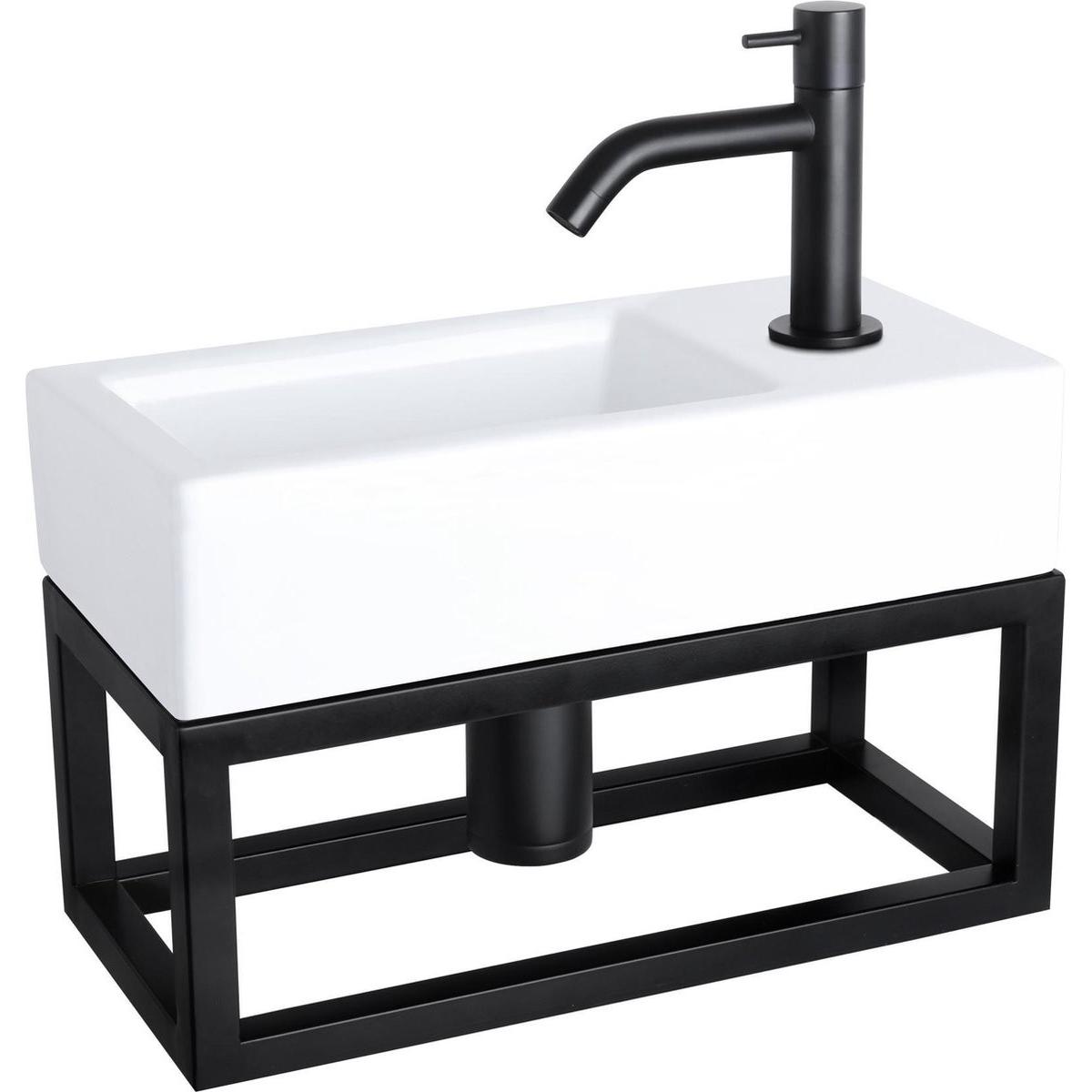 Differnz, Lavandino, Ravo Fonteinset - Wasbak Keramiek - Wit - Gebogen Kraan - Mat Zwart - Standaard Greep - 38,5 x 18,5 (185 mm, 385 mm)