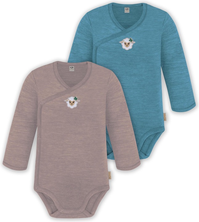 Normani 2er Set Unisex Baby Wickelbody Langarm-Strampler Einteiler aus Merinowolle - 9351