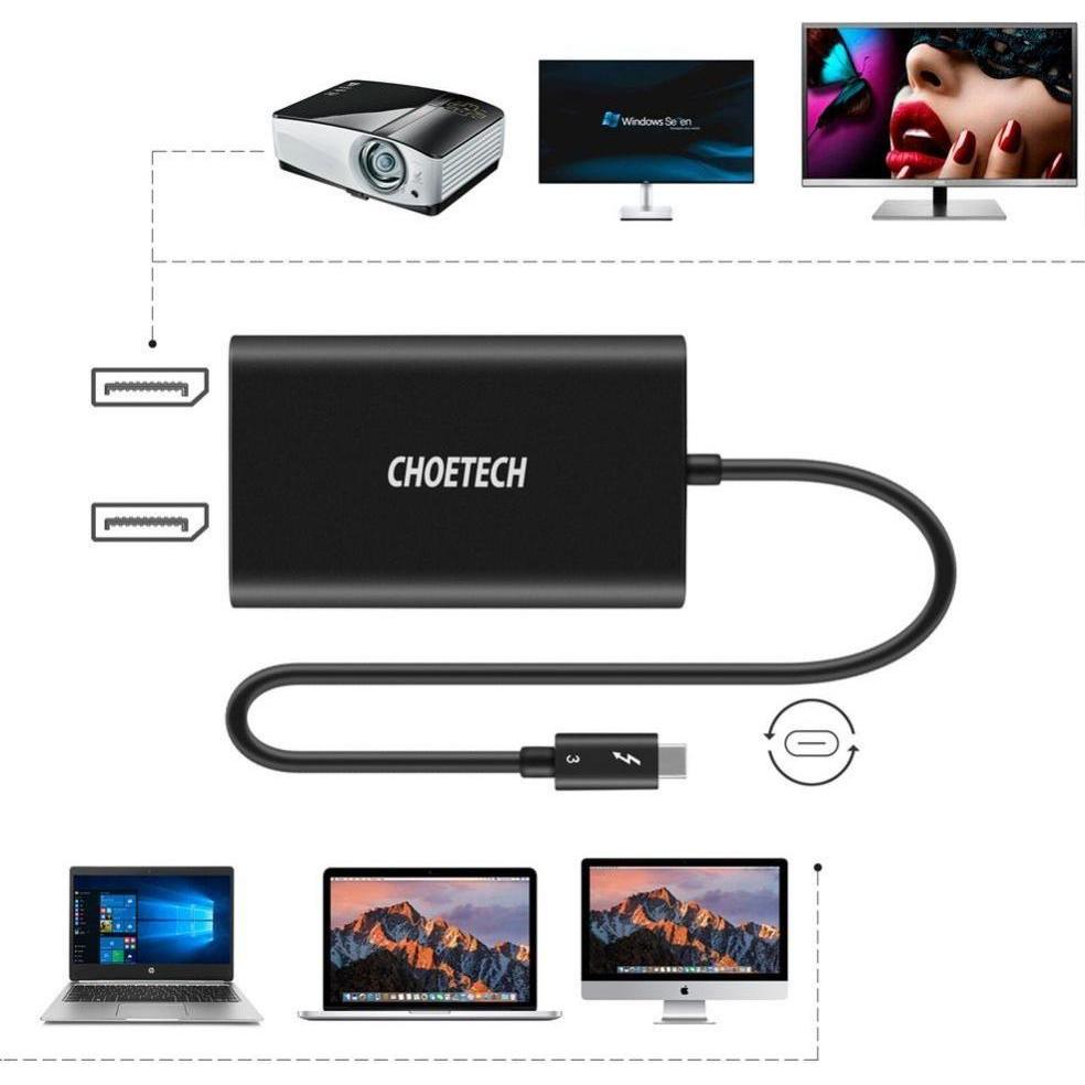 Thumbnail - Choetech Steckeradapter USB Typ-C Thunderbolt 3 (40 Gbit/s) auf 2 x DisplayPort 4K 60 Hz Schwarz (HU (USB Typ-C, 8.50 cm...