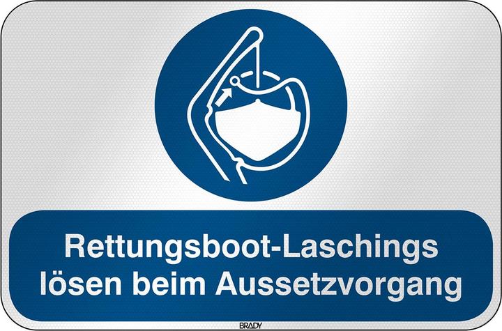 Actual product image Brady M/M045/DE328/RFL-590X390-1, ISO safety sign - Lifeboat lashings detach when launched.