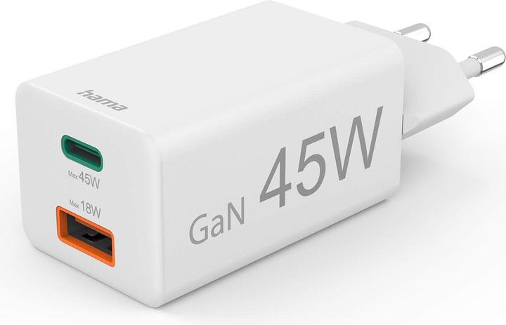 Hama Chargeur rapide, 1x USB-C PD, 1x USB-A QC, mini-chargeur, 45 W, blanc (45 W)