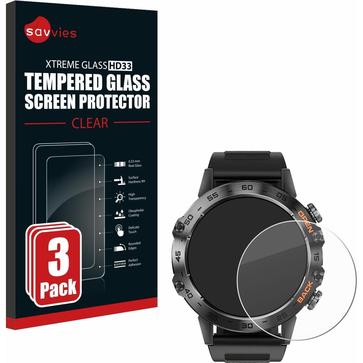 Savvies Panzerglas Schutzglas Displayschutz, Smartwatch Schutzfolie, Transparent