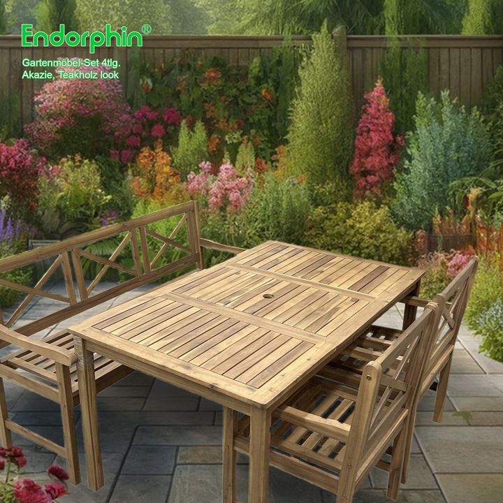 Garten Sitzgarnitur aus Akazienholz massiv im Teakholz-Look 4tlg. (Tisch, Bank, 2 Stühle)