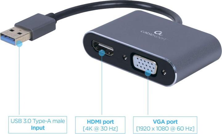 Image du produit Gembird CableXpert Adaptateur USB vers HDMI+VGA pour écran, gris espace (USB-A, 5.80 cm)