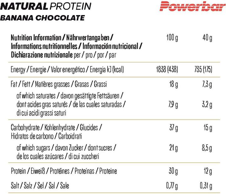 Nutritional values and ingredients Powerbar Natural Protein (Banana Chocolate, 18 pcs., 720 g)
