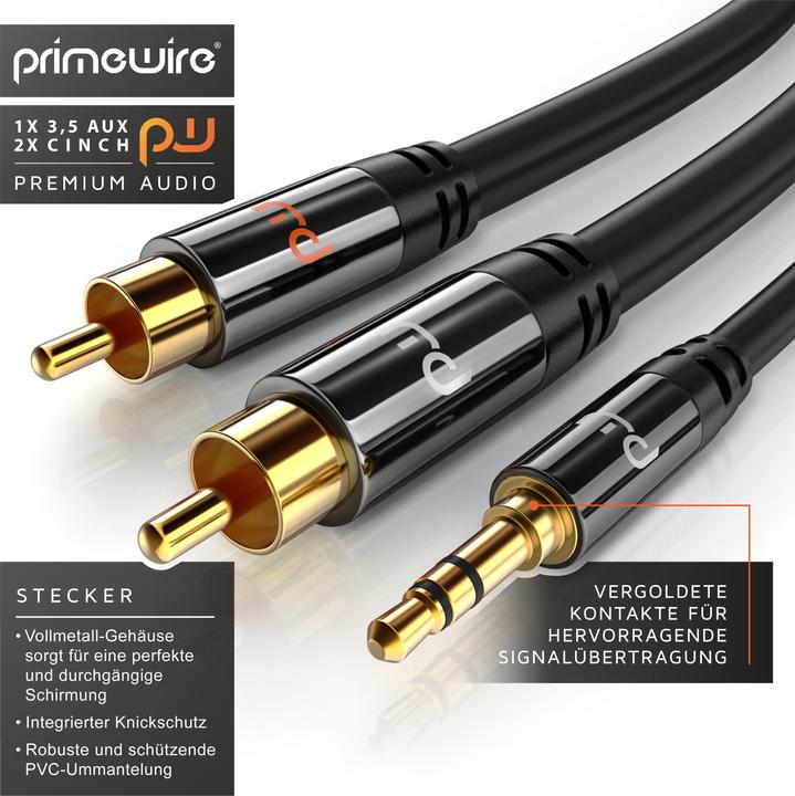 Produktbild Primewire Cinch zu 3,5mm Klinke Audio Kabel, Cinchkabel, RCA, AUX, Stereo HiFi Adapter mehrfach geschirmt (5 m, Cinch, 3.5mm Klinke (AUX))
