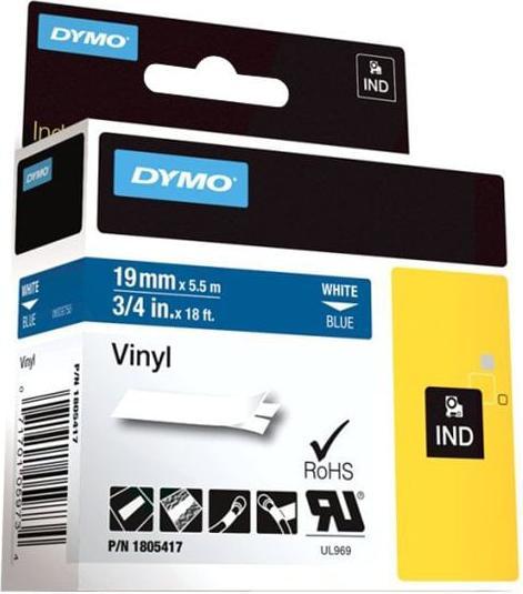 Actual product image Dymo Rhino 19mm white on blue vinyl (1.90 cm, Blue)