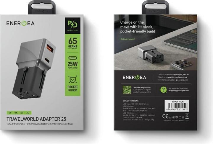 Actual product image Energea Adapter TravelWorld 1A1C 25W black gunmetal (25 W, 2 ports)