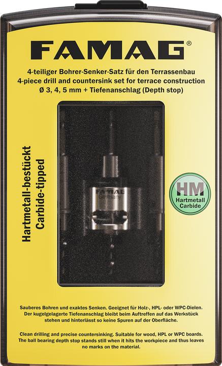 Produktbild Famag HM-Bohrer-Senker-Satz 4-teilig 3, 4, 5mm mit Tiefenanschlag für Terrassenbau 4tlg. (3, 4, 5 Millimeter)