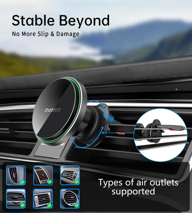 Actual product image Choetech T204-F magnetic car holder with 15W wireless charging - black