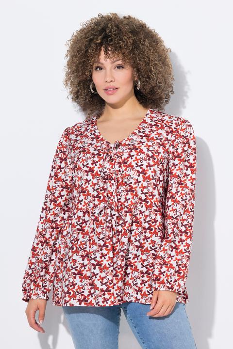 Image du produit Ulla Popken Blouse coupe évasée, imprimé petits noeuds, décolleté en V et manches longues (46, 48)