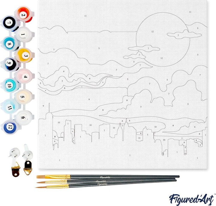 Actual product image Figured'Art Mini Paint by Numbers framed - City Skyline under Pink Sky